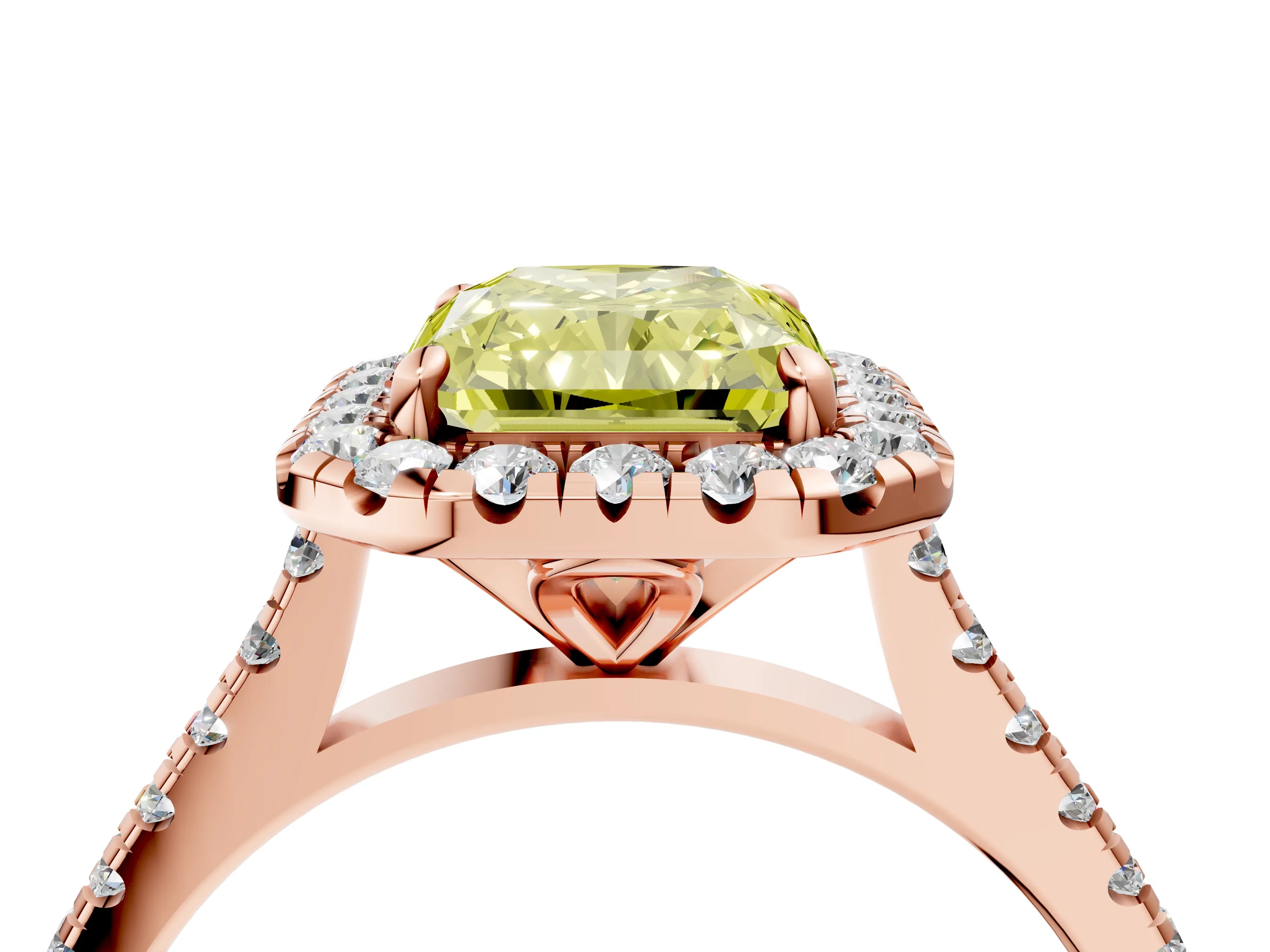 Rose gold Fancy Yellow Radiant Cut Diamond Cushion Halo Ring with Pavé Band_4