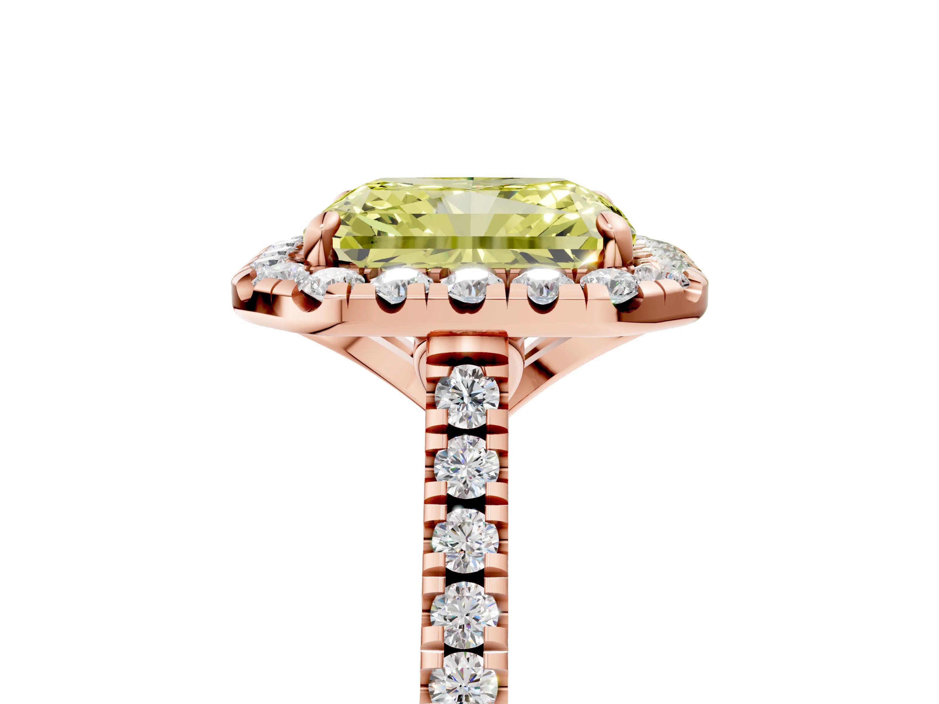 Rose gold Fancy Yellow Radiant Cut Diamond Cushion Halo Ring with Pavé Band_5