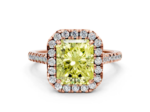 Rose gold Fancy Yellow Radiant Cut Diamond Cushion Halo Ring with Pavé Band