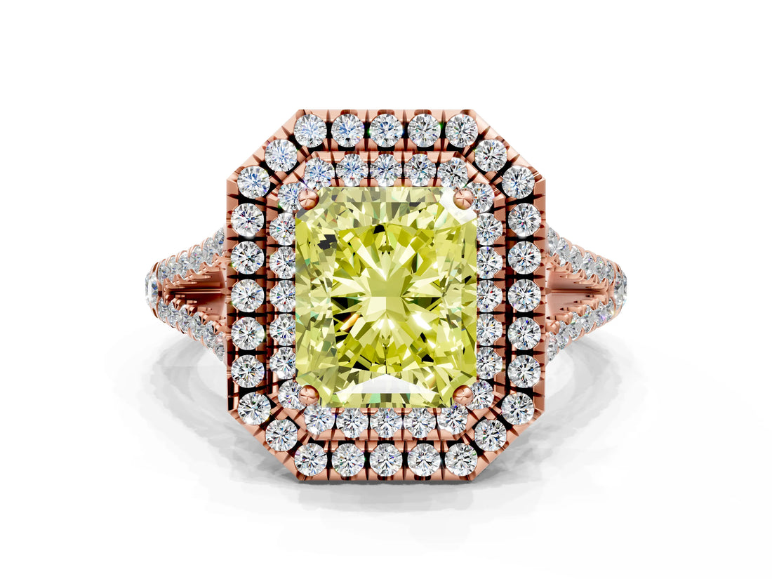 Rose gold Fancy Yellow Radiant Cut Diamond Double Halo Ring with Pavé Band and Prong Setting_58