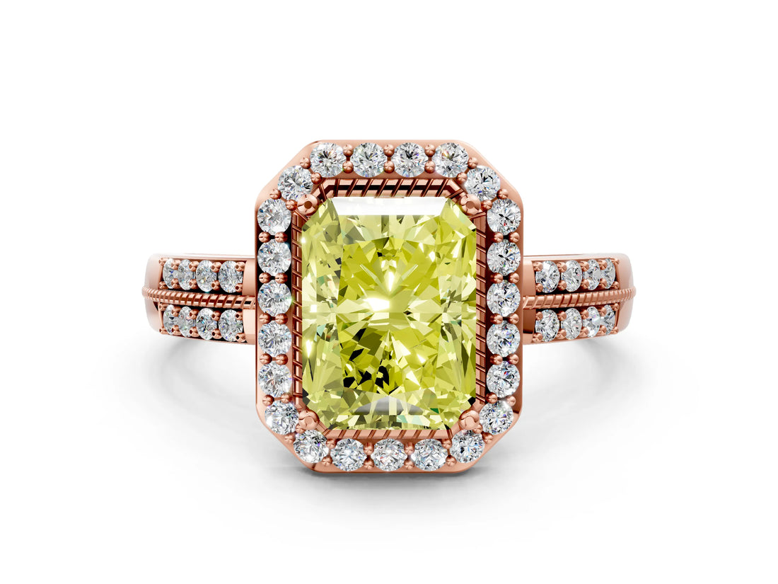 Rose gold Fancy Yellow Radiant Cut Diamond Double Halo Ring with Split Shank and Four-Prong Setting