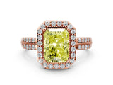 Rose gold Fancy Yellow Radiant Cut Diamond Double Halo Ring with Split Shank and Four-Prong Setting