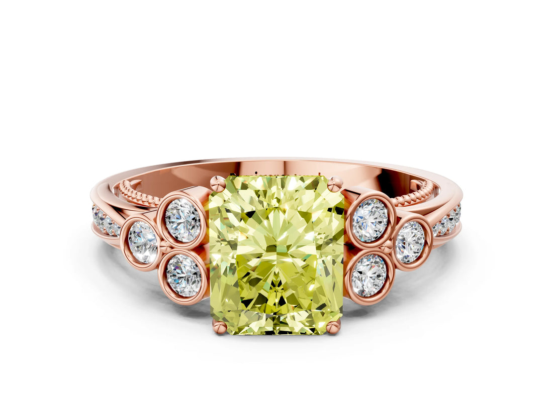 Rose gold Fancy Yellow Radiant  Cut Diamond Engagement Ring with Bezel Set Round Side Stones and Prong Setting_49