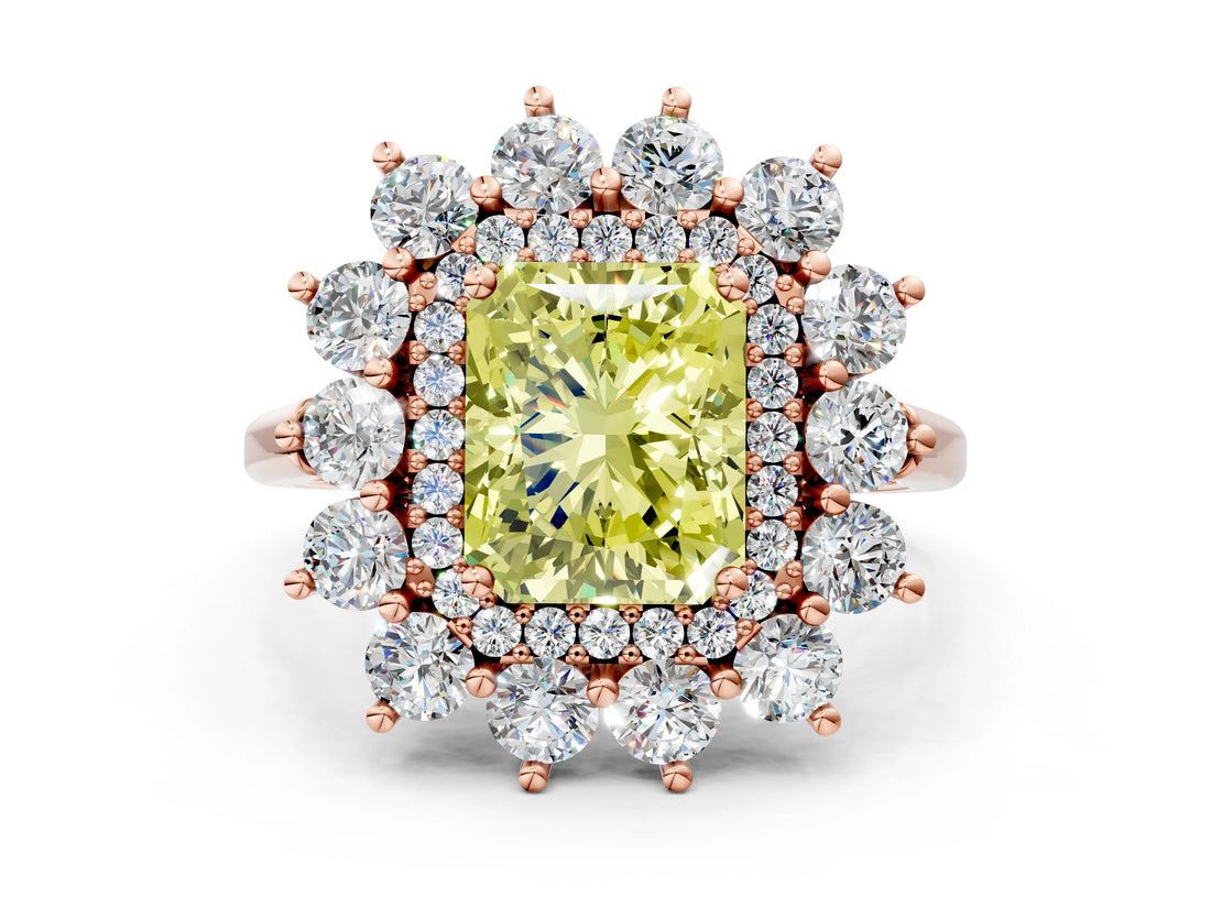 Rose gold Fancy Yellow Radiant Cut Diamond Floral Double Halo Engagement Ring with Prong Setting_24
