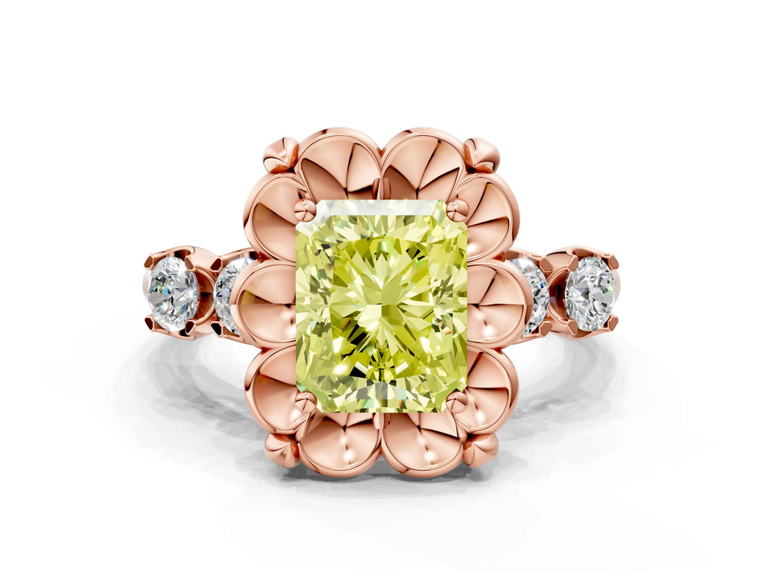 Rose gold Fancy Yellow Radiant  Cut Diamond Floral Halo Engagement Ring with Shared Prong Setting 1