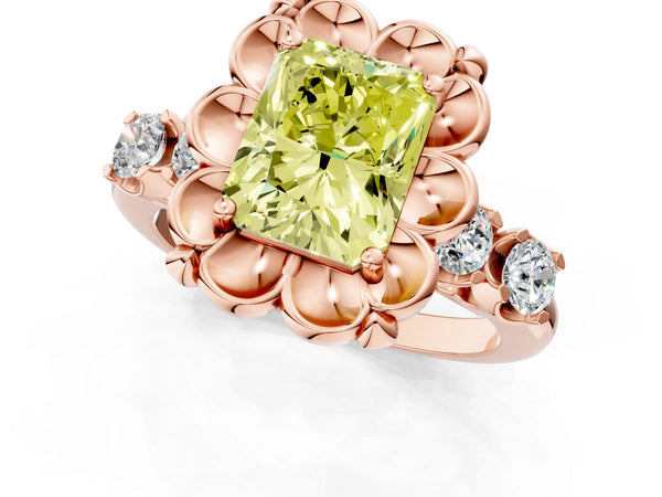 Rose gold Fancy Yellow Radiant  Cut Diamond Floral Halo Engagement Ring with Shared Prong Setting
