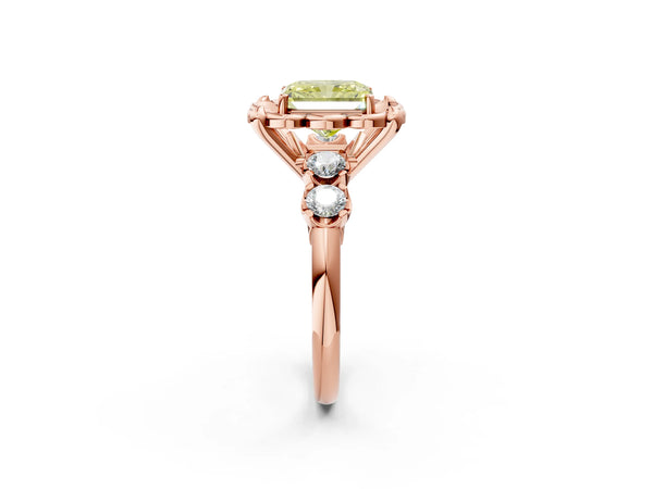 Rose gold Fancy Yellow Radiant  Cut Diamond Floral Halo Engagement Ring with Shared Prong Setting
