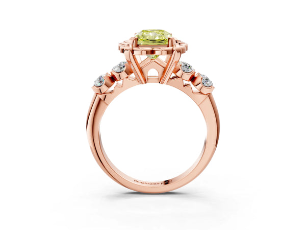 Rose gold Fancy Yellow Radiant  Cut Diamond Floral Halo Engagement Ring with Shared Prong Setting