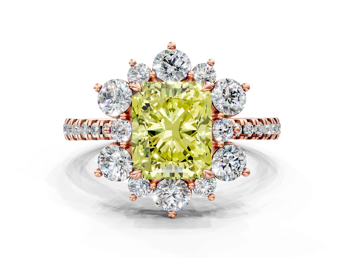 Rose gold Fancy Yellow Radiant  Cut Diamond Floral Halo Pave Band with Prong Setting_36