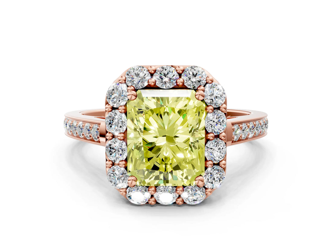 Rose gold Fancy Yellow Radiant Cut Diamond Floral Halo Ring with Pavé Band and Prong Setting_3
