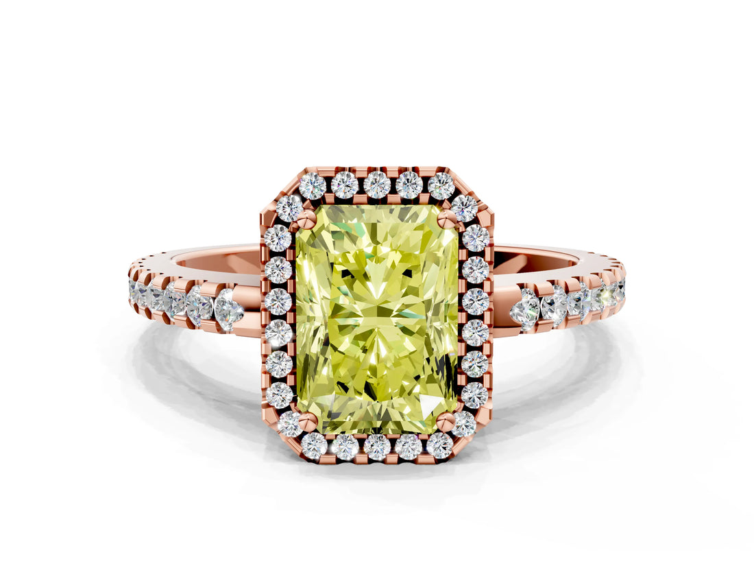 Rose gold Fancy Yellow Radiant Cut Diamond Halo Engagement Ring with Pavé Band and Prong Setting_27