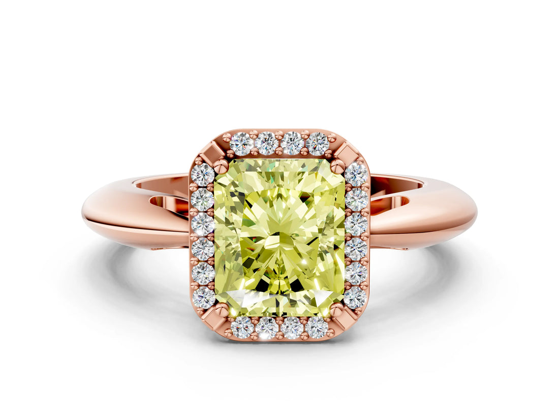 Rose gold Fancy Yellow Radiant  Cut Diamond Halo Engagement Ring with Split Shank and Four-Prong Setting_89