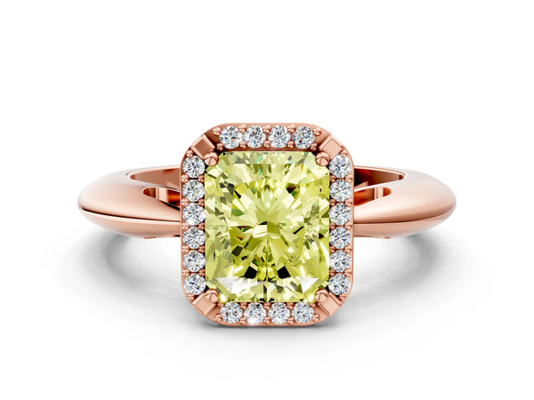 Rose gold Fancy Yellow Radiant  Cut Diamond Halo Engagement Ring with Split Shank and Four-Prong Setting