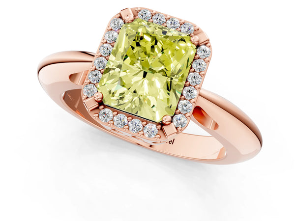 Rose gold Fancy Yellow Radiant  Cut Diamond Halo Engagement Ring with Split Shank and Four-Prong Setting
