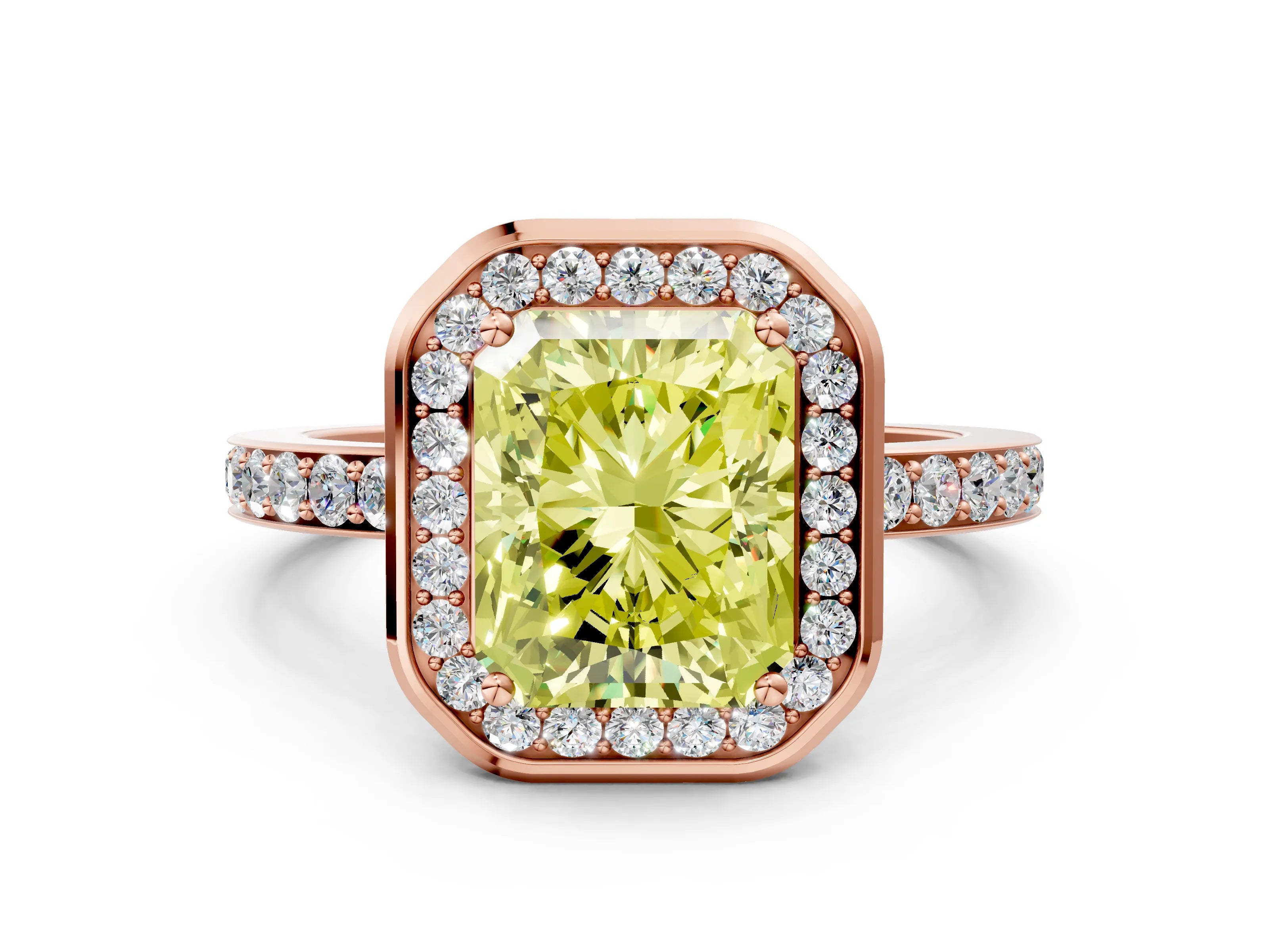 Rose gold Fancy Yellow Radiant Cut Diamond Halo Ring with Bezel Frame and Pavé Band