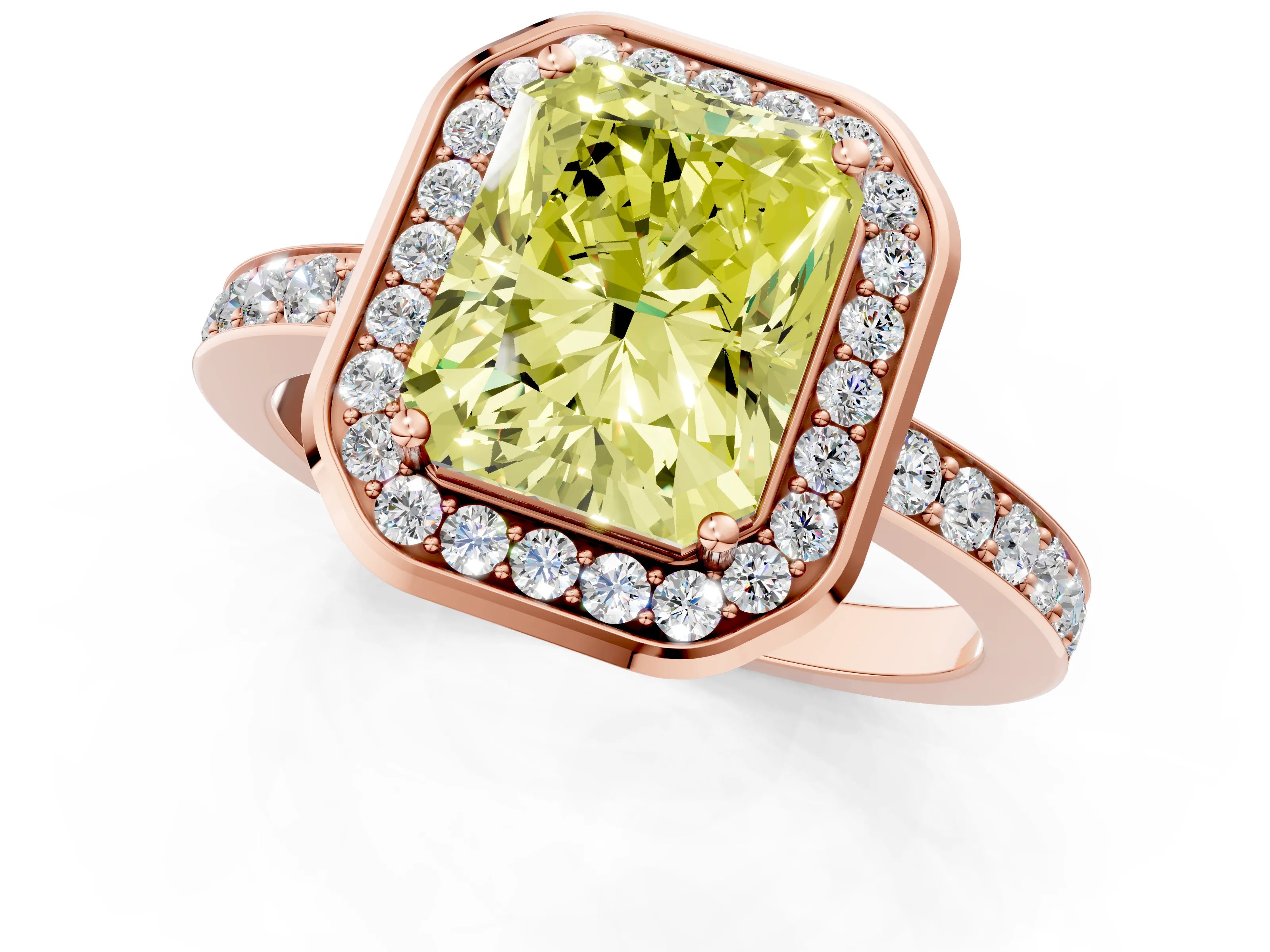 Rose gold Fancy Yellow Radiant Cut Diamond Halo Ring with Bezel Frame and Pavé Band_1