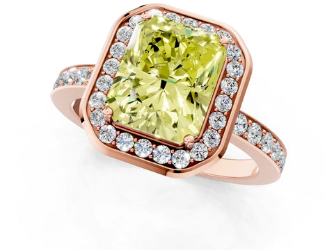 Rose gold Fancy Yellow Radiant Cut Diamond Halo Ring with Bezel Frame and Pavé Band_1
