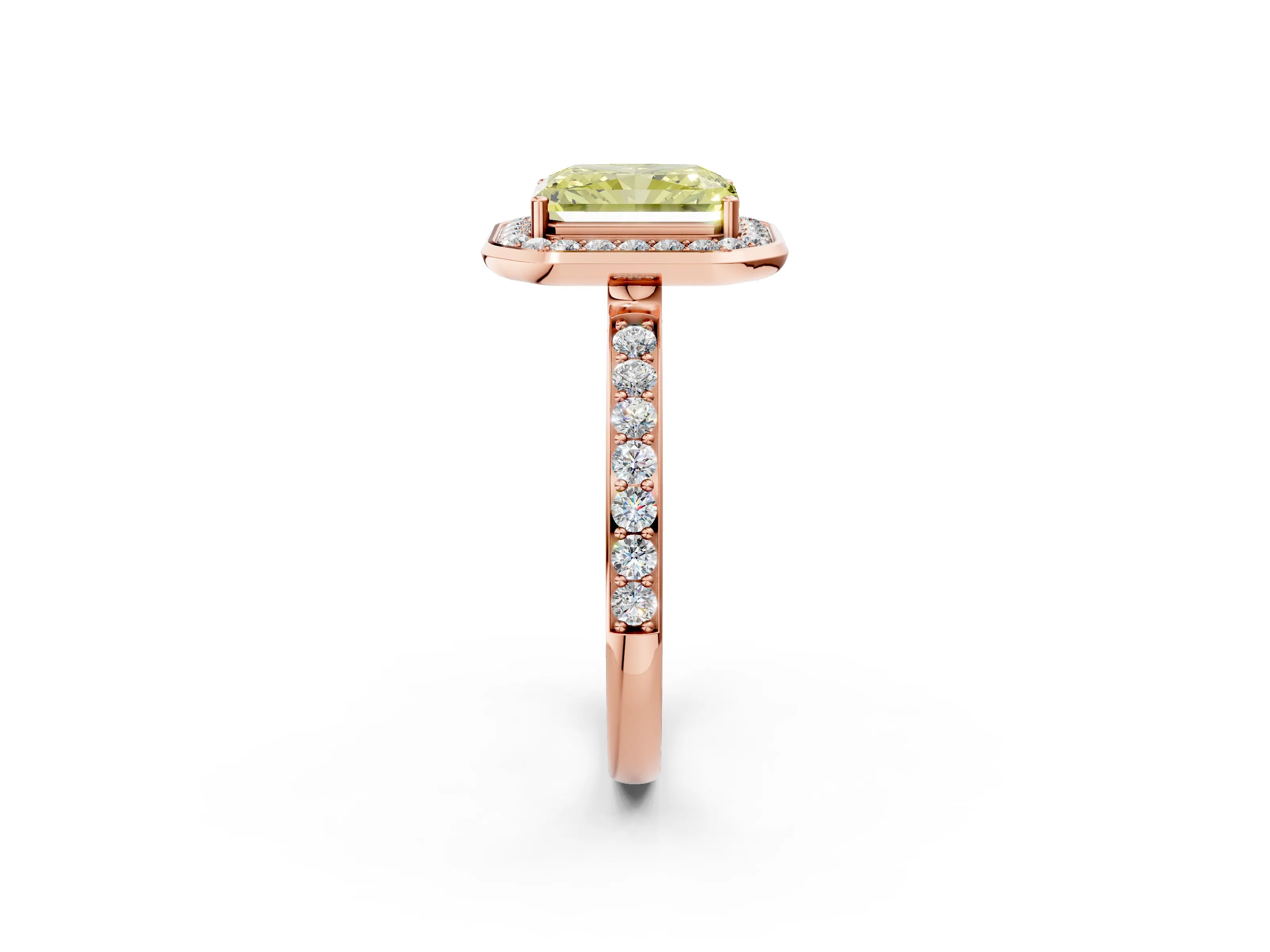 Rose gold Fancy Yellow Radiant Cut Diamond Halo Ring with Bezel Frame and Pavé Band_2