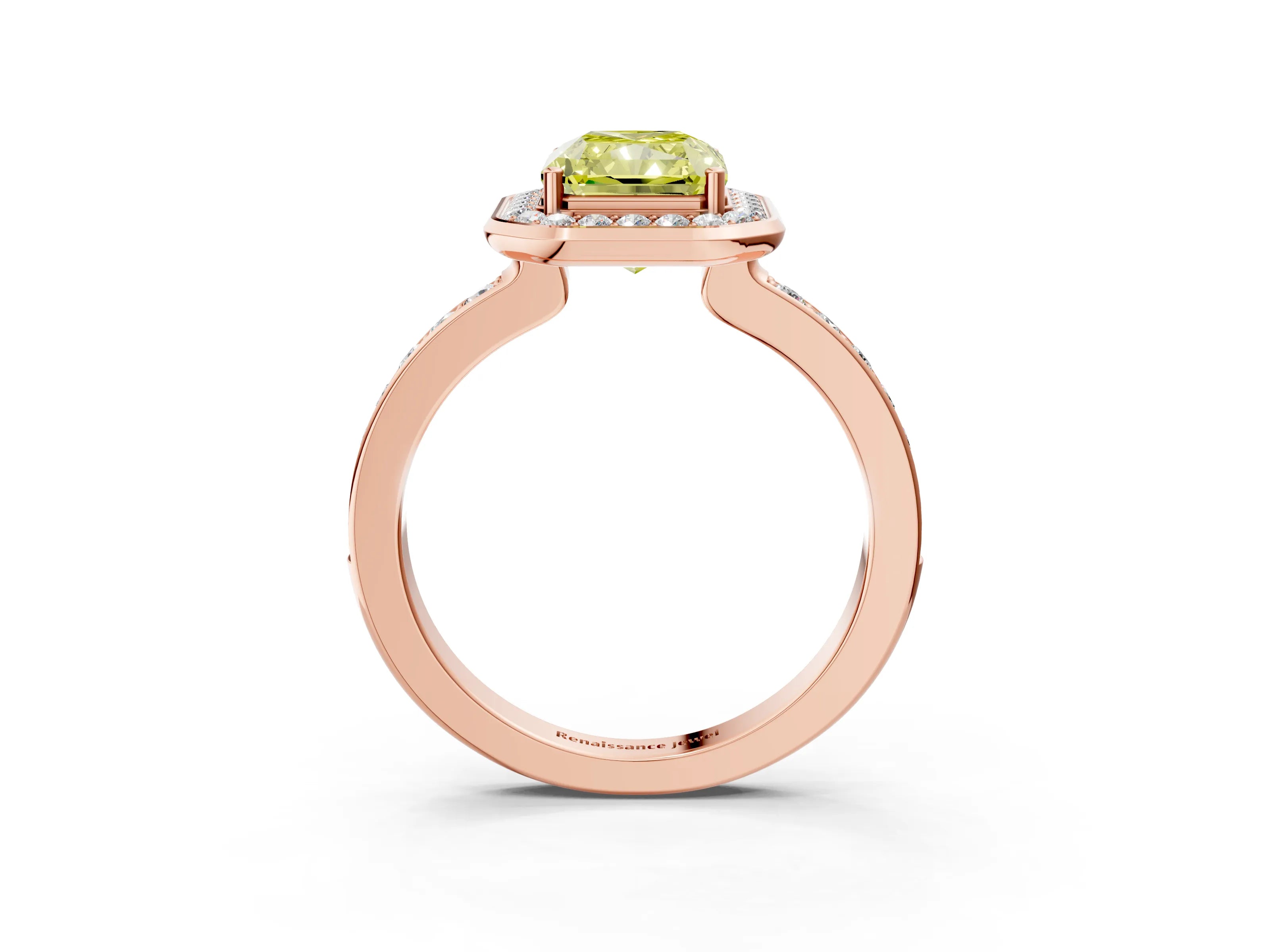 Rose gold Fancy Yellow Radiant Cut Diamond Halo Ring with Bezel Frame and Pavé Band_3