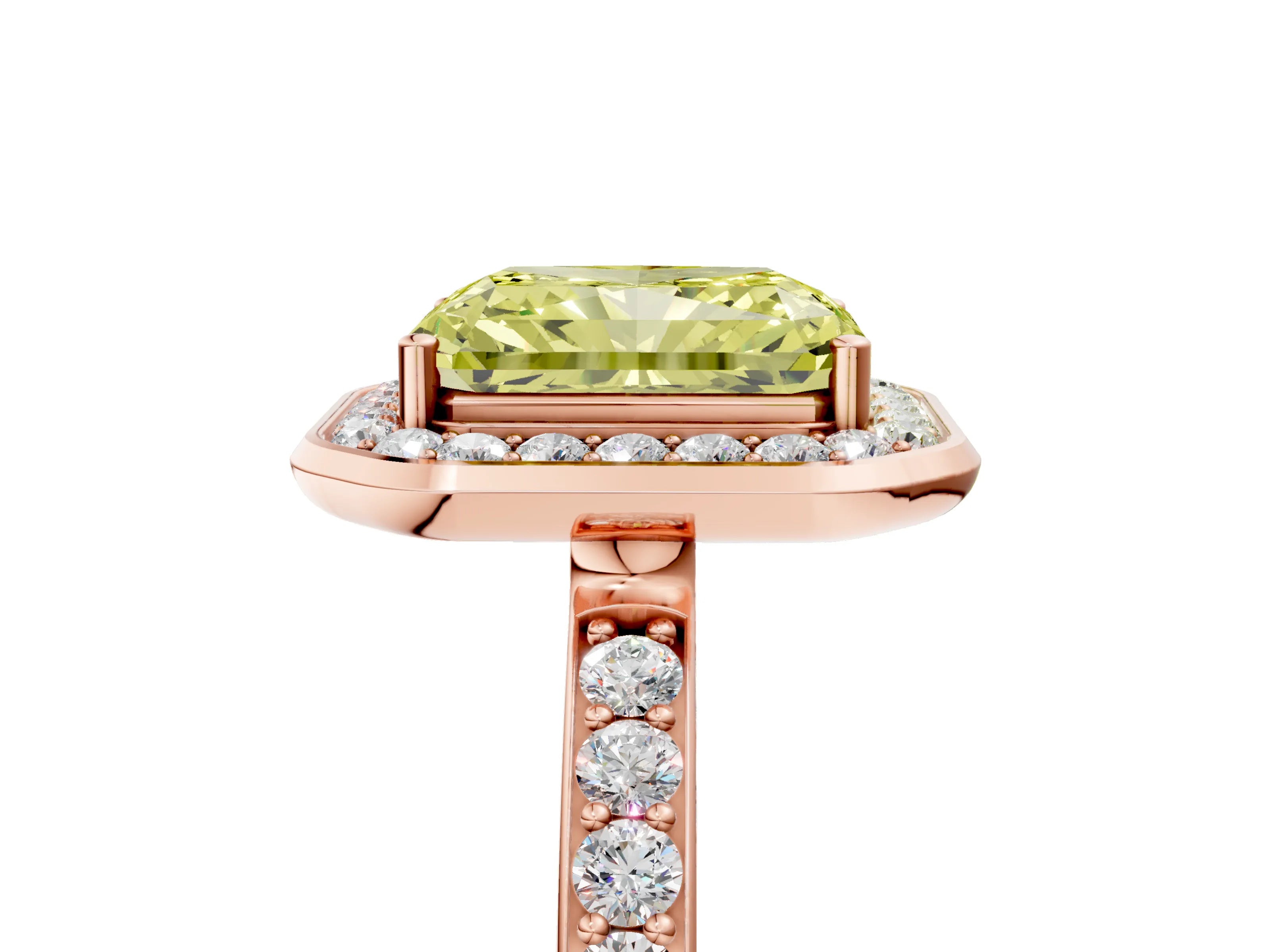 Rose gold Fancy Yellow Radiant Cut Diamond Halo Ring with Bezel Frame and Pavé Band_5