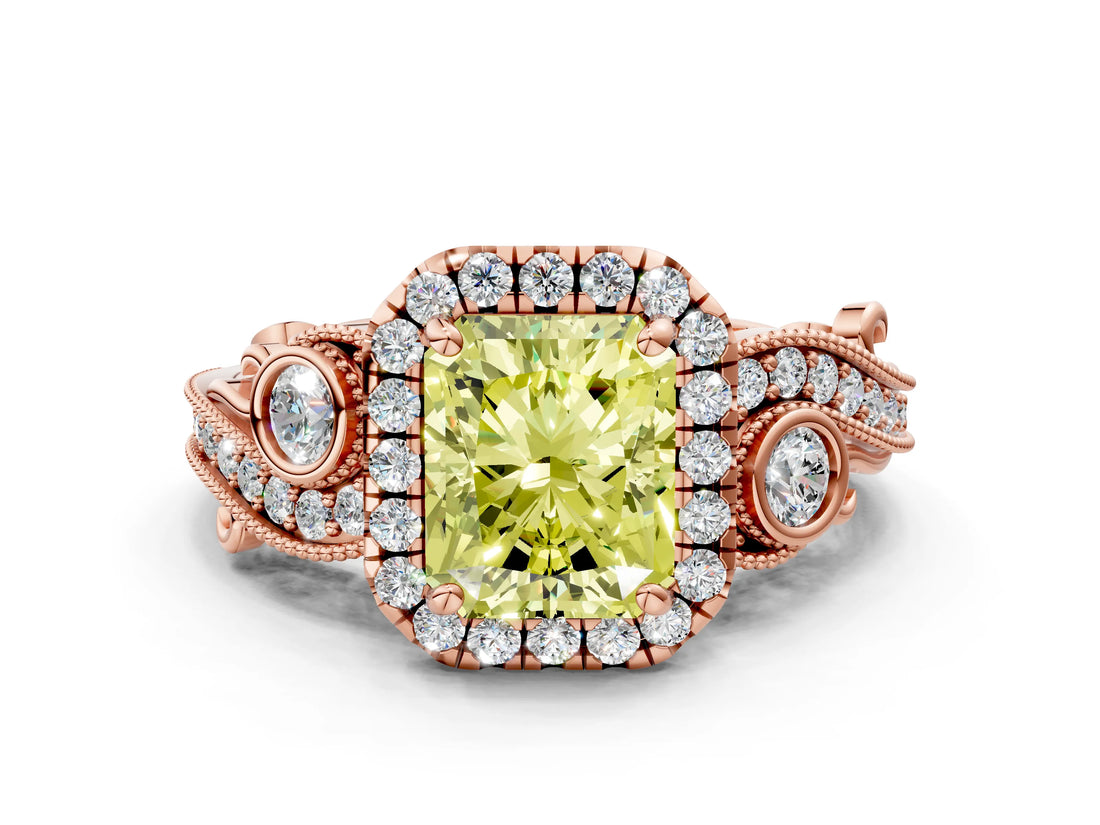 Rose gold Fancy Yellow Radiant Cut Diamond Halo Ring with Milgrain Pavé Band and Four-Prong Setting_53