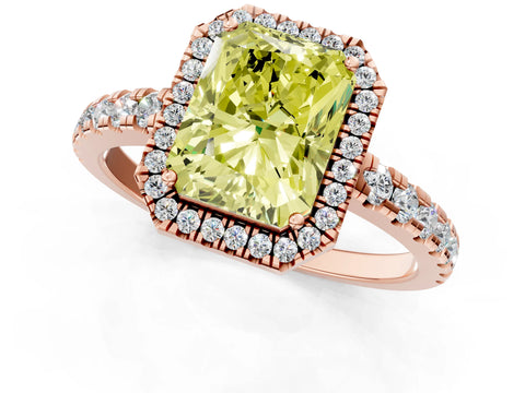 Rose gold Fancy Yellow Radiant Cut Diamond Halo Ring with Pavé Band and Four-Prong Setting_1