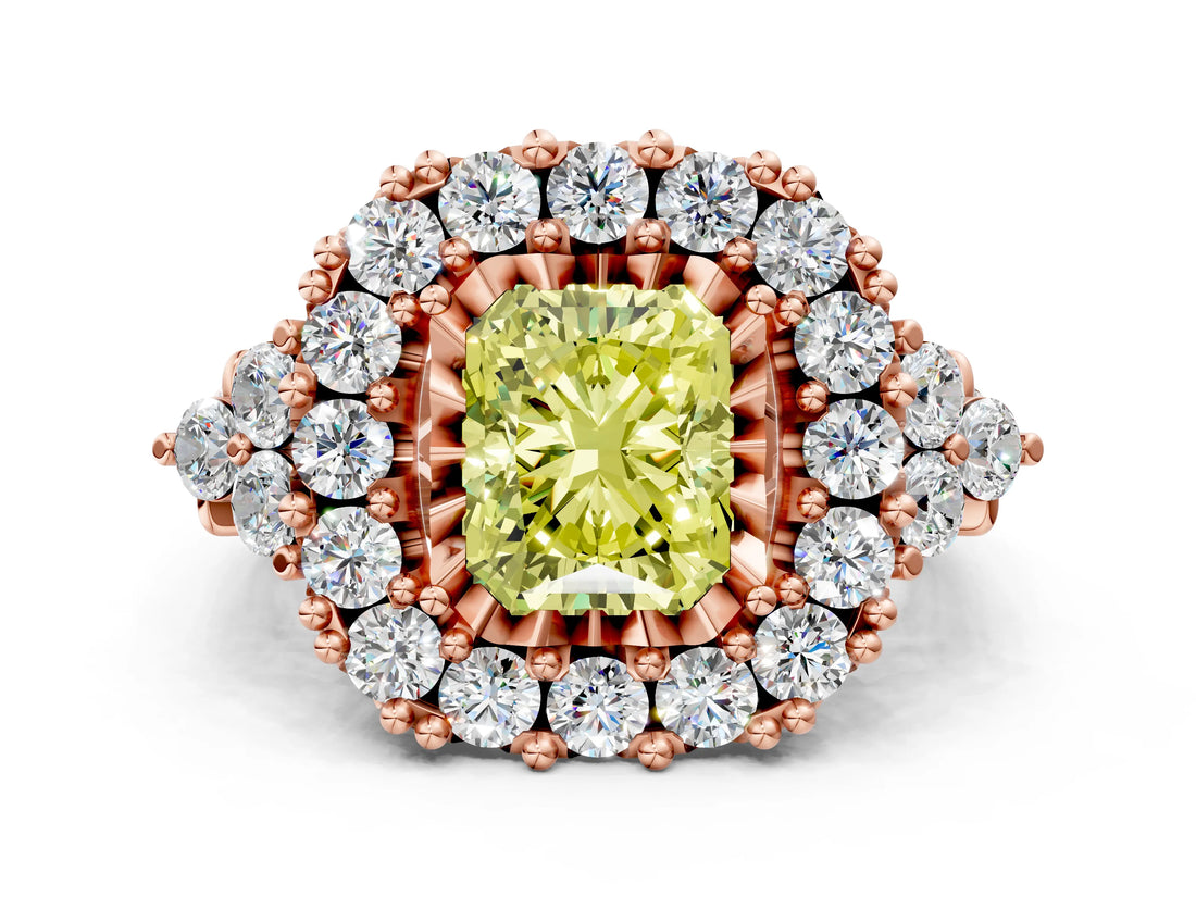 Rose gold Fancy Yellow Radiant Cut Diamond Halo Ring with Pavé Band and Four-Prong Setting_40