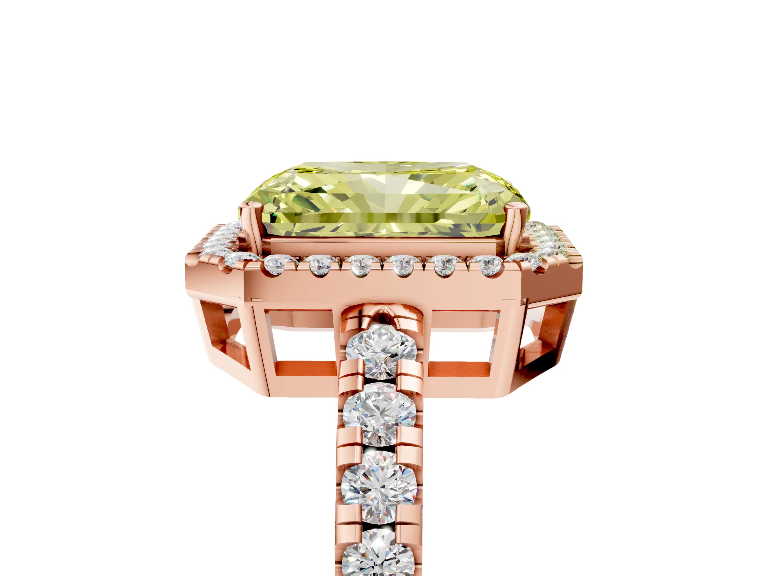 Rose gold Fancy Yellow Radiant Cut Diamond Halo Ring with Pavé Band and Four-Prong Setting_5