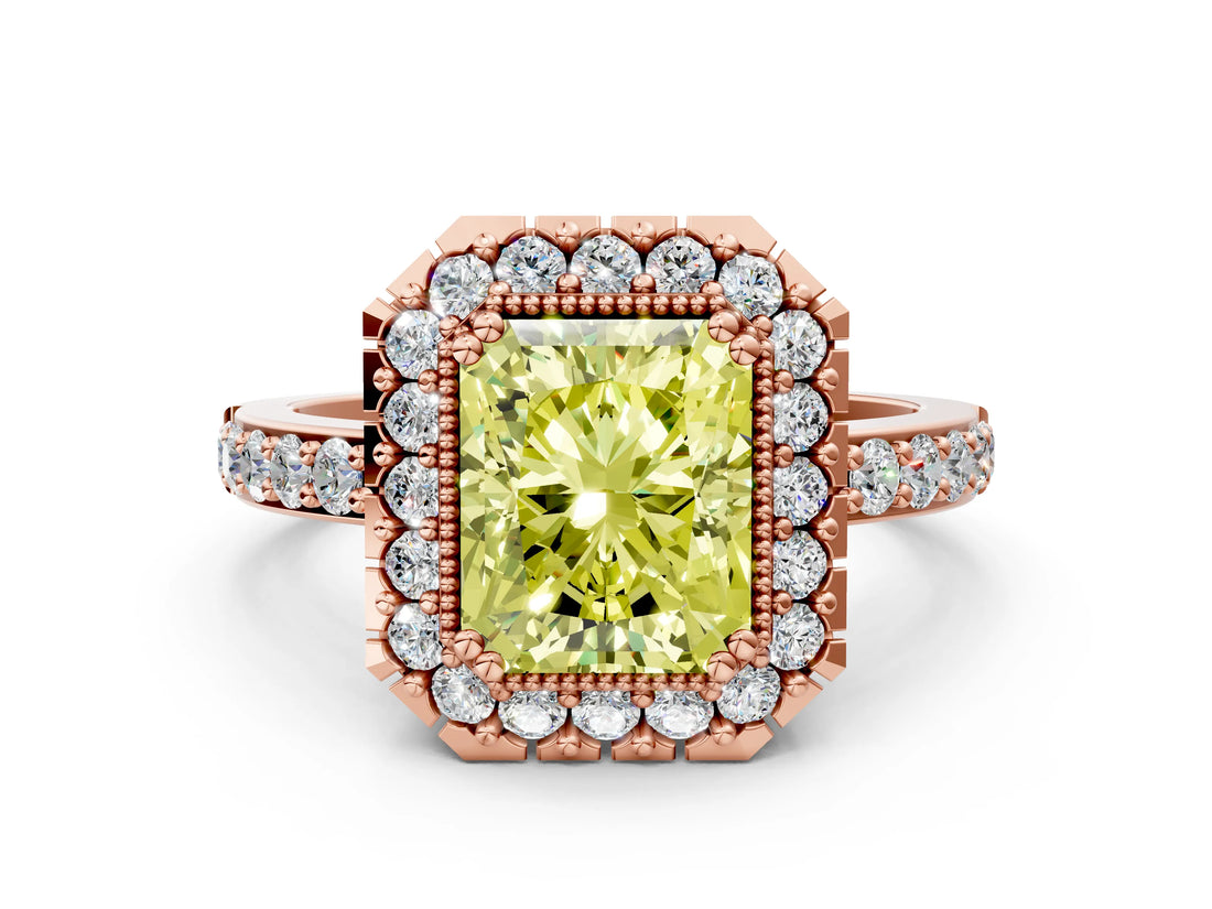 Rose gold Fancy Yellow Radiant Cut Diamond Halo Ring with Pavé Band and Prong Setting