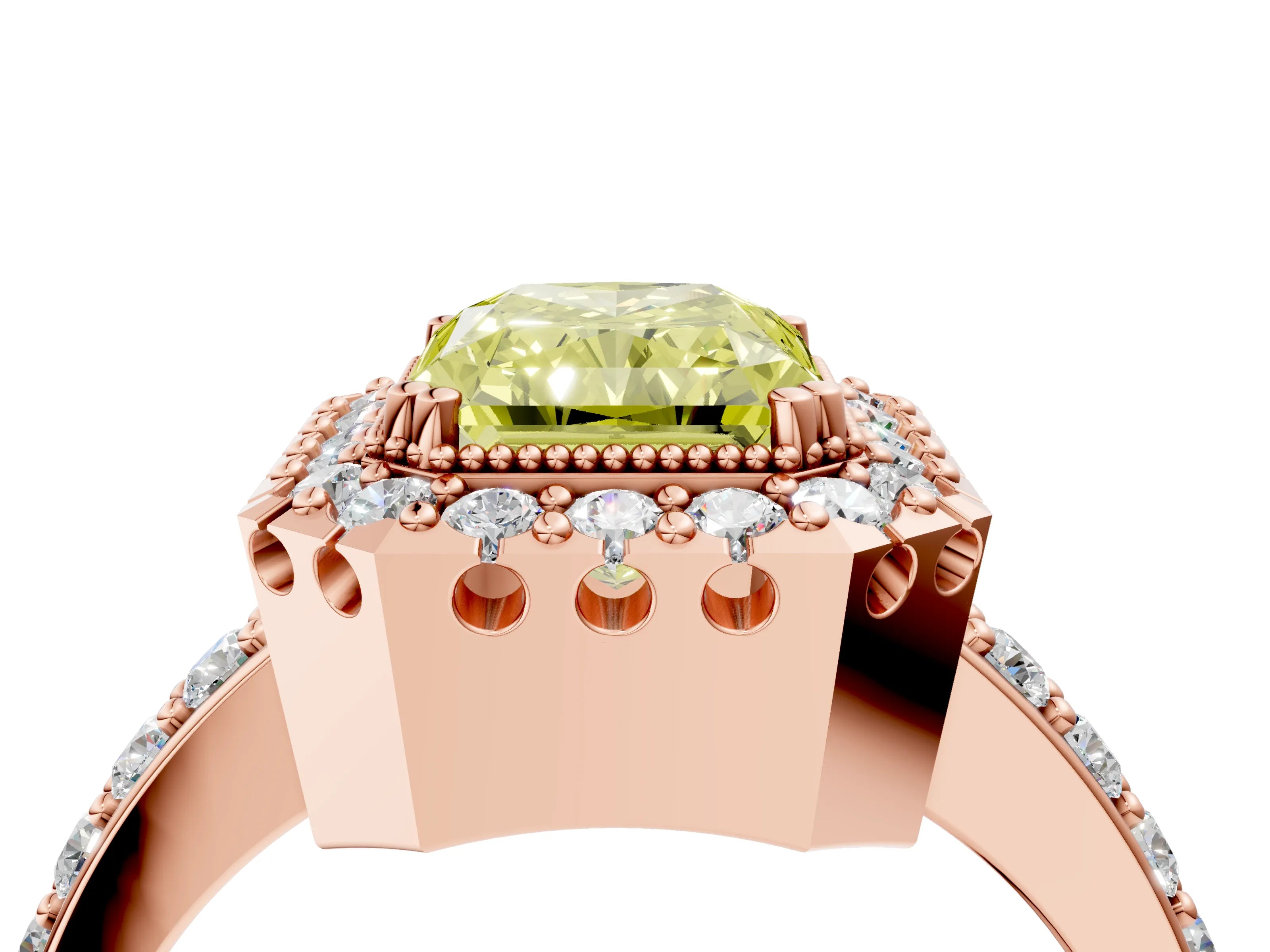 Rose gold Fancy Yellow Radiant Cut Diamond Halo Ring with Pavé Band and Prong Setting_4