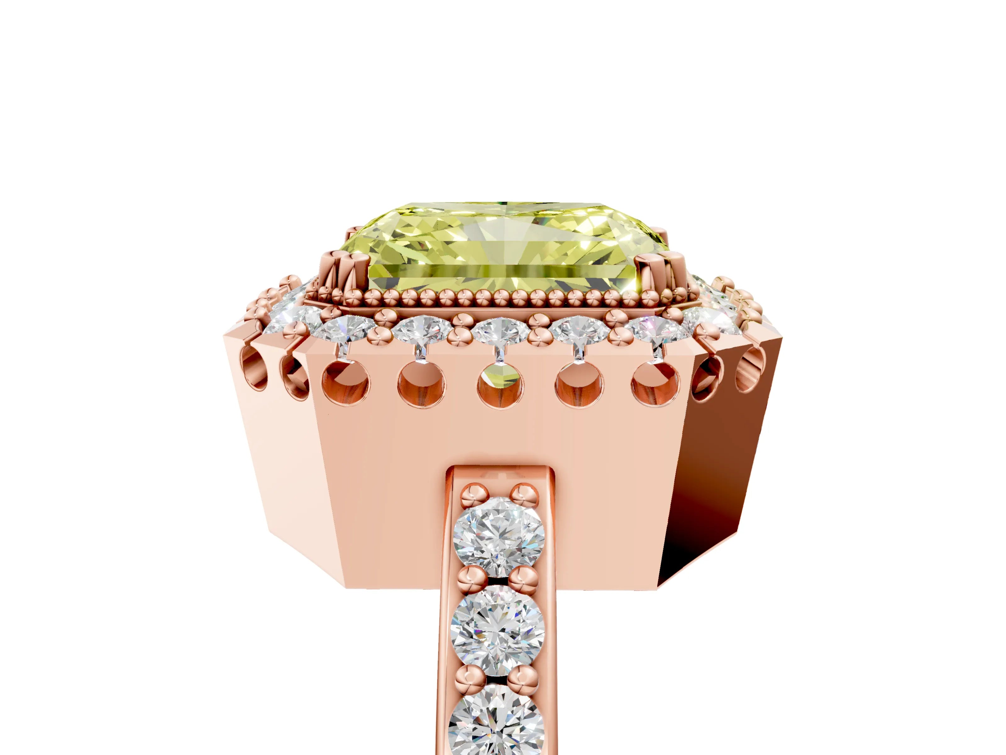 Rose gold Fancy Yellow Radiant Cut Diamond Halo Ring with Pavé Band and Prong Setting_5