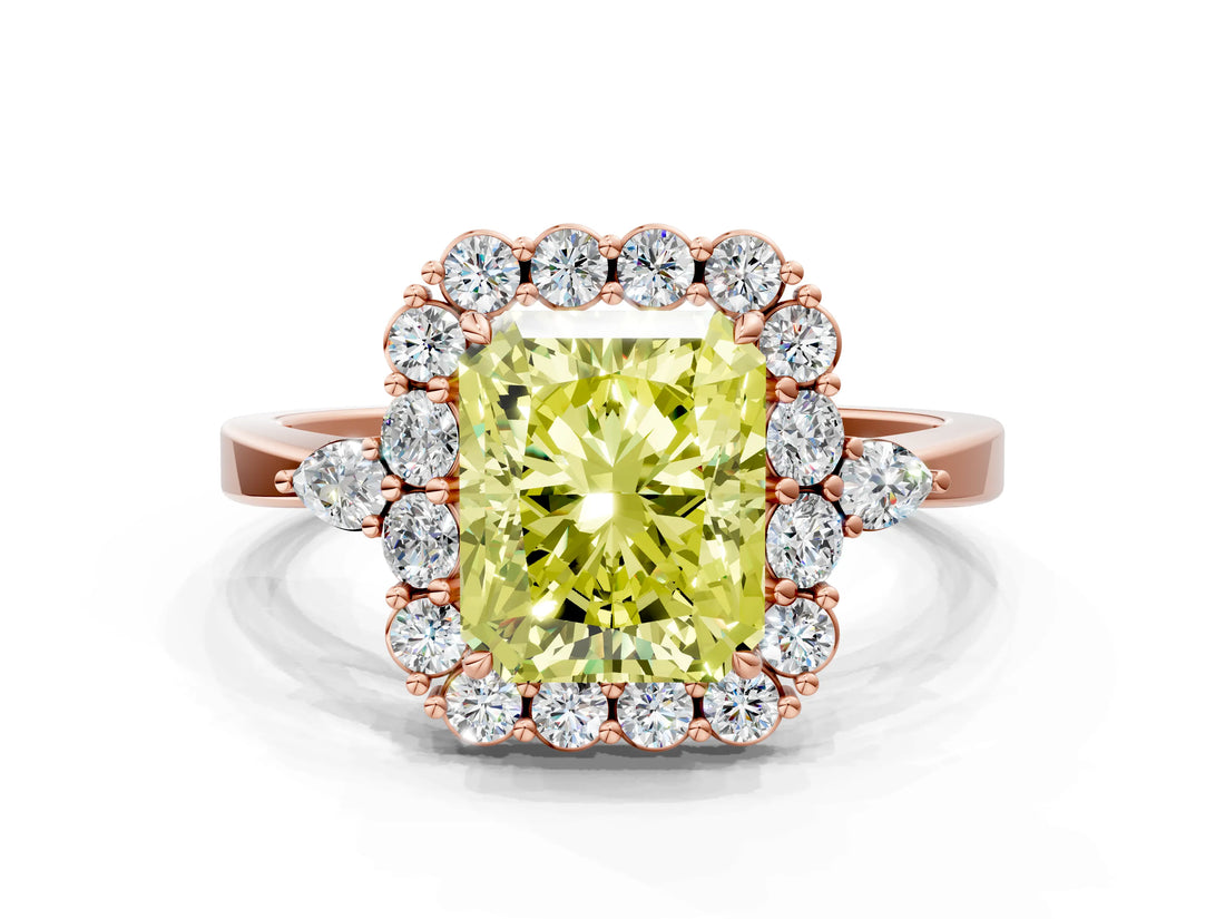 Rose gold Fancy Yellow Radiant Cut Diamond Halo Ring with Pear Side Stones and Prong Setting_63