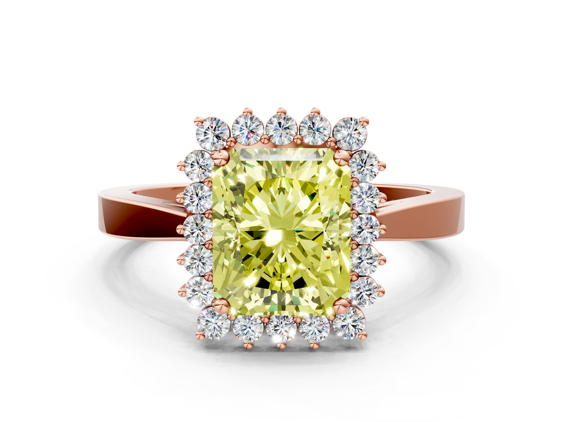 Rose gold Fancy Yellow Radiant  Cut Diamond Halo Ring with Round Brilliant Halo and Solitaire Band_88