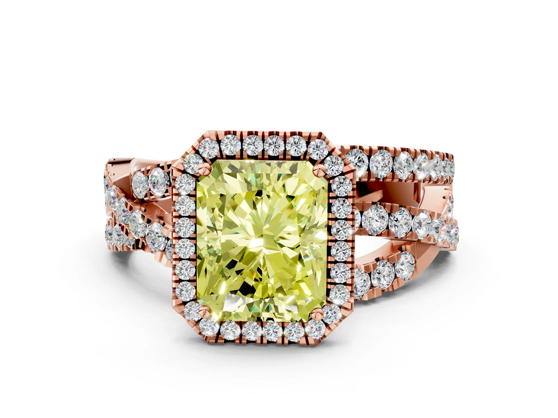 Rose gold Fancy Yellow Radiant Cut Diamond Halo Ring with Round Split Shank and Prong Setting_36