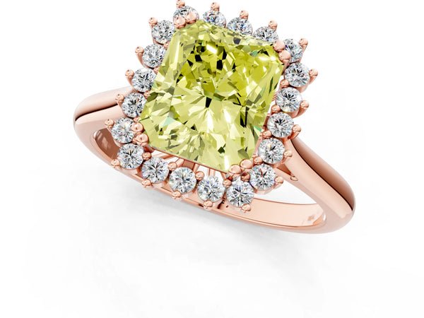 Rose gold Fancy Yellow Radiant  Cut Diamond Halo Ring with Solitaire Band and Prong Setting