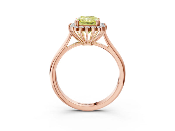 Rose gold Fancy Yellow Radiant  Cut Diamond Halo Ring with Solitaire Band and Prong Setting