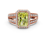 Rose gold Fancy Yellow Radiant Cut Diamond Halo Ring with Split Shank Pavé Band and Four-Prong Setting