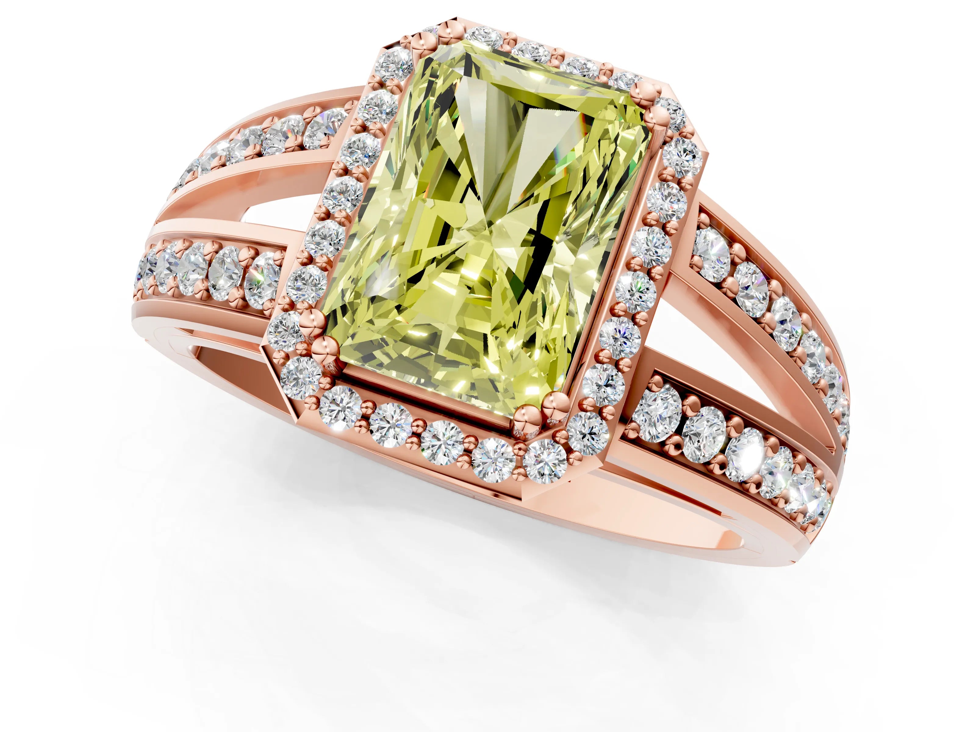 Rose gold Fancy Yellow Radiant Cut Diamond Halo Ring with Split Shank Pavé Band and Four-Prong Setting_1
