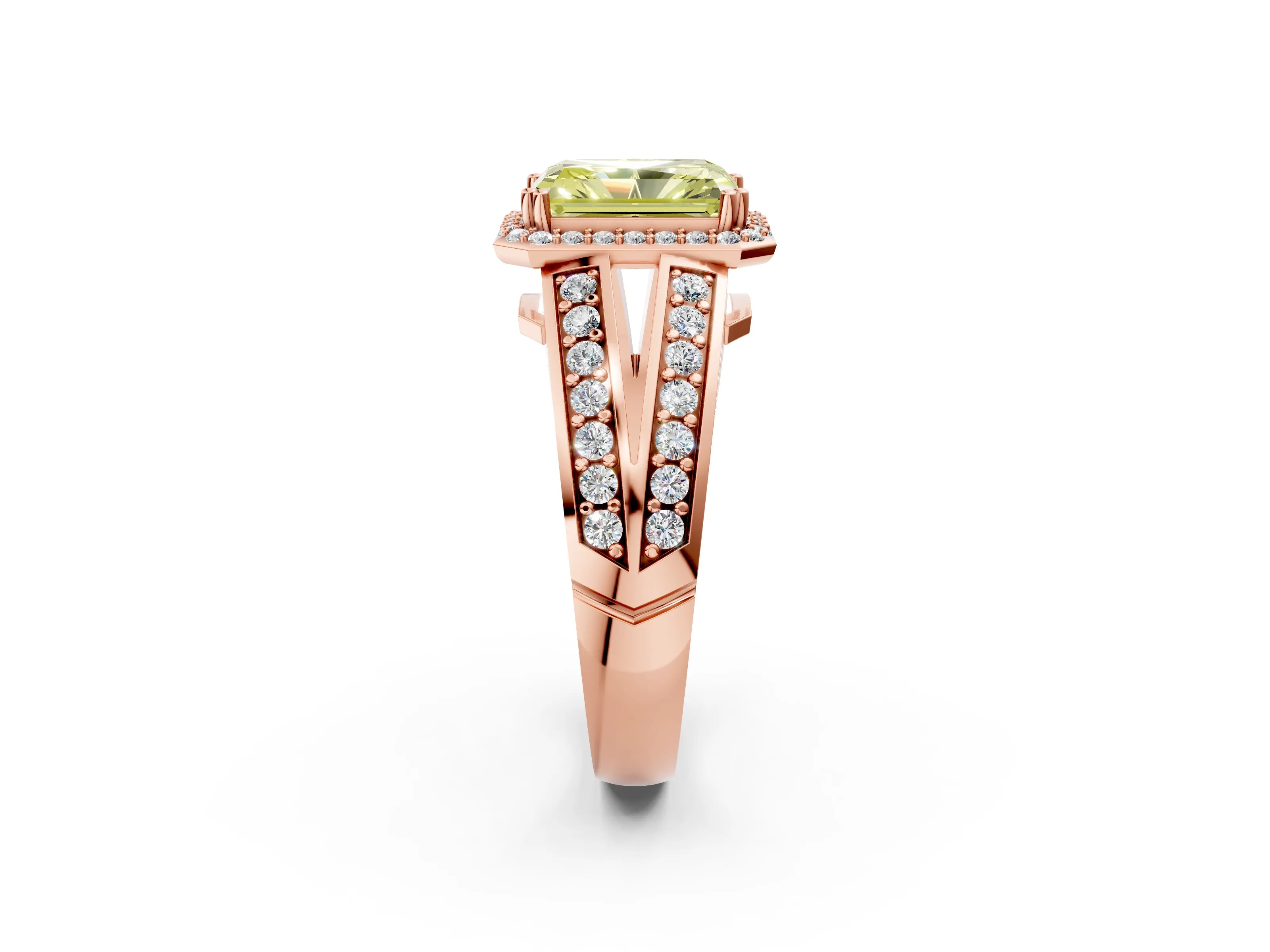 Rose gold Fancy Yellow Radiant Cut Diamond Halo Ring with Split Shank Pavé Band and Four-Prong Setting_2