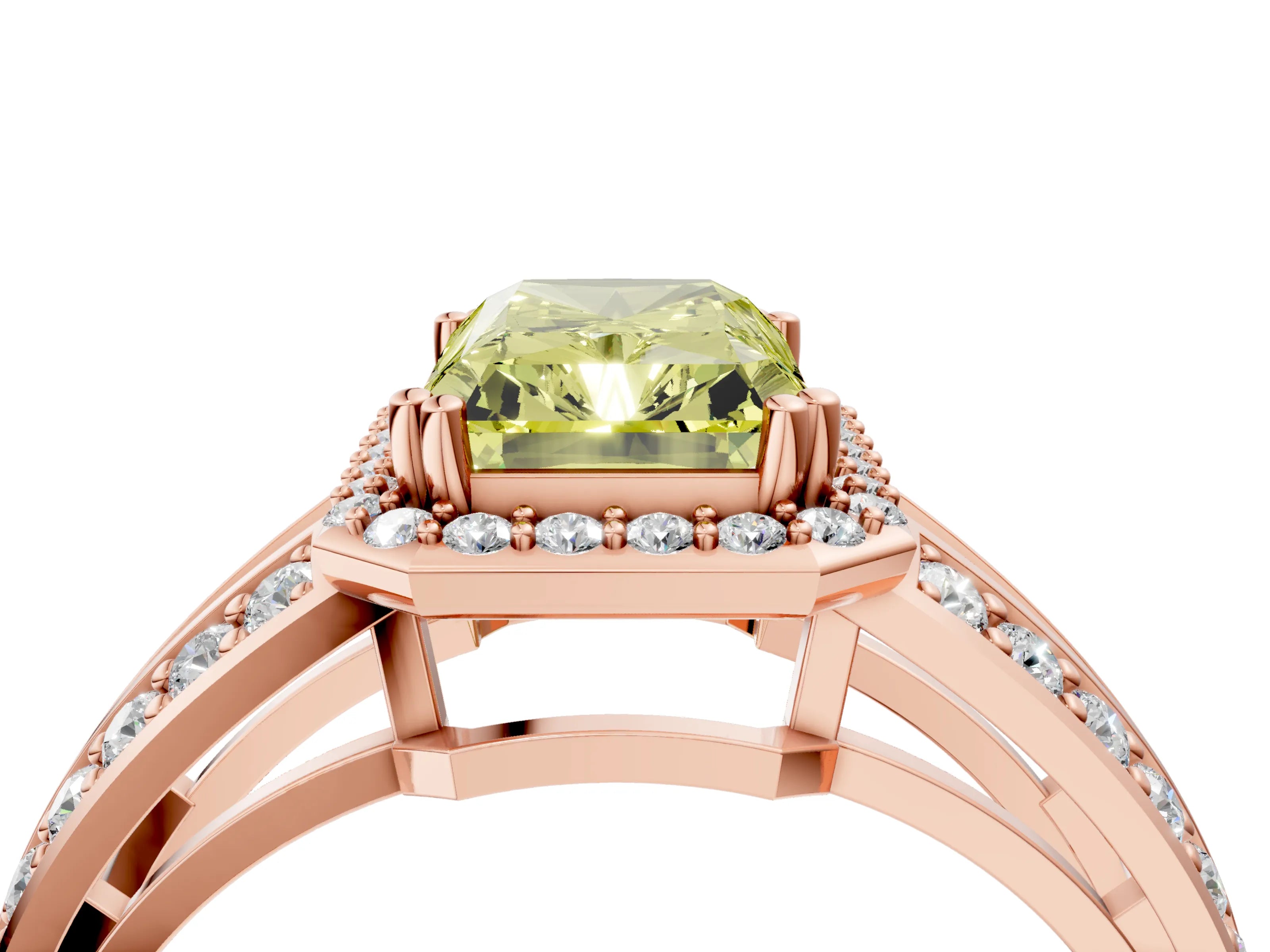Rose gold Fancy Yellow Radiant Cut Diamond Halo Ring with Split Shank Pavé Band and Four-Prong Setting_4