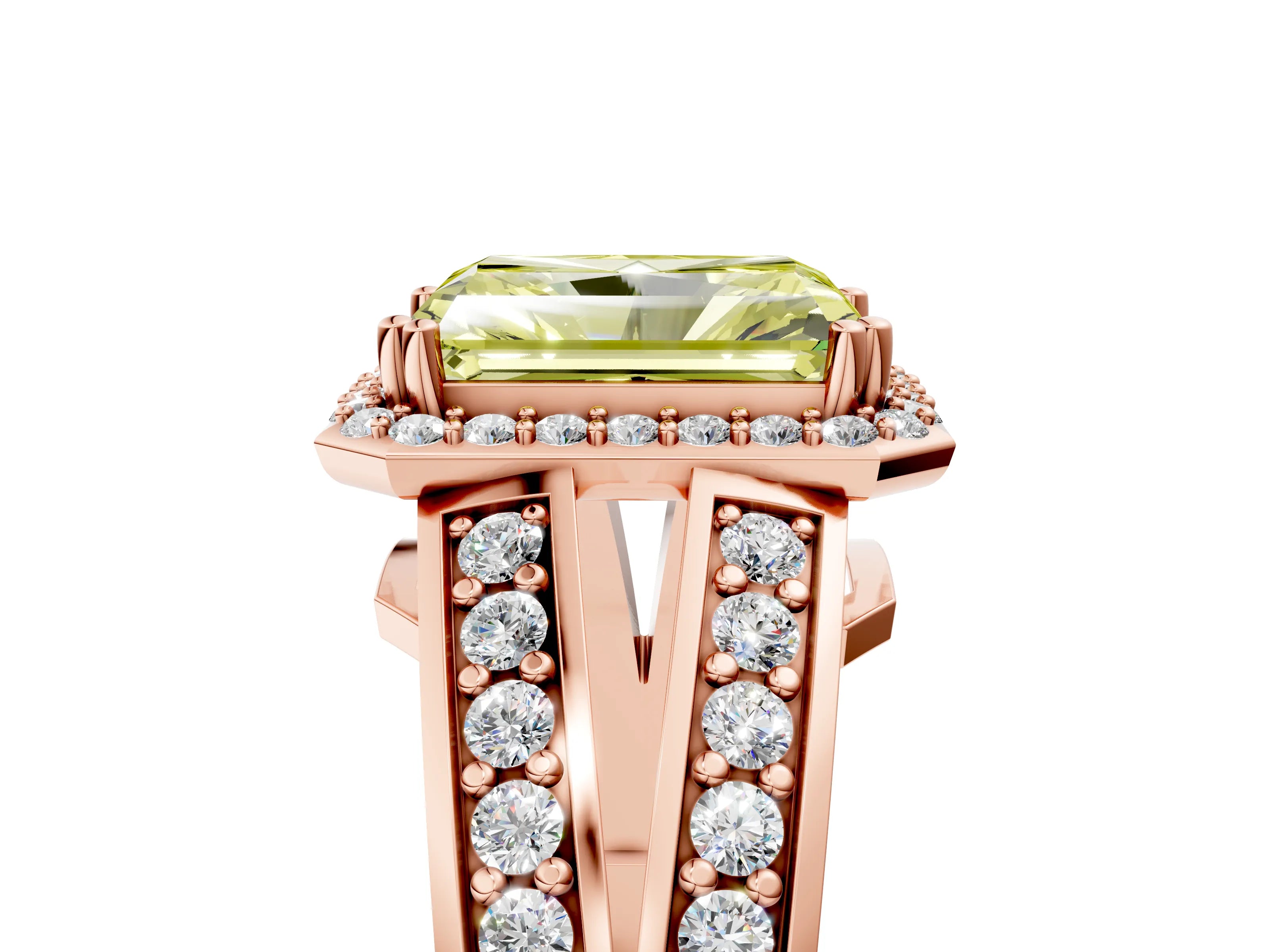 Rose gold Fancy Yellow Radiant Cut Diamond Halo Ring with Split Shank Pavé Band and Four-Prong Setting_5