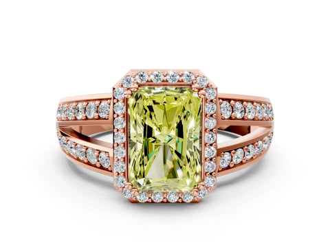 Rose gold Fancy Yellow Radiant Cut Diamond Halo Ring with Split Shank Pavé Band and Four-Prong Setting