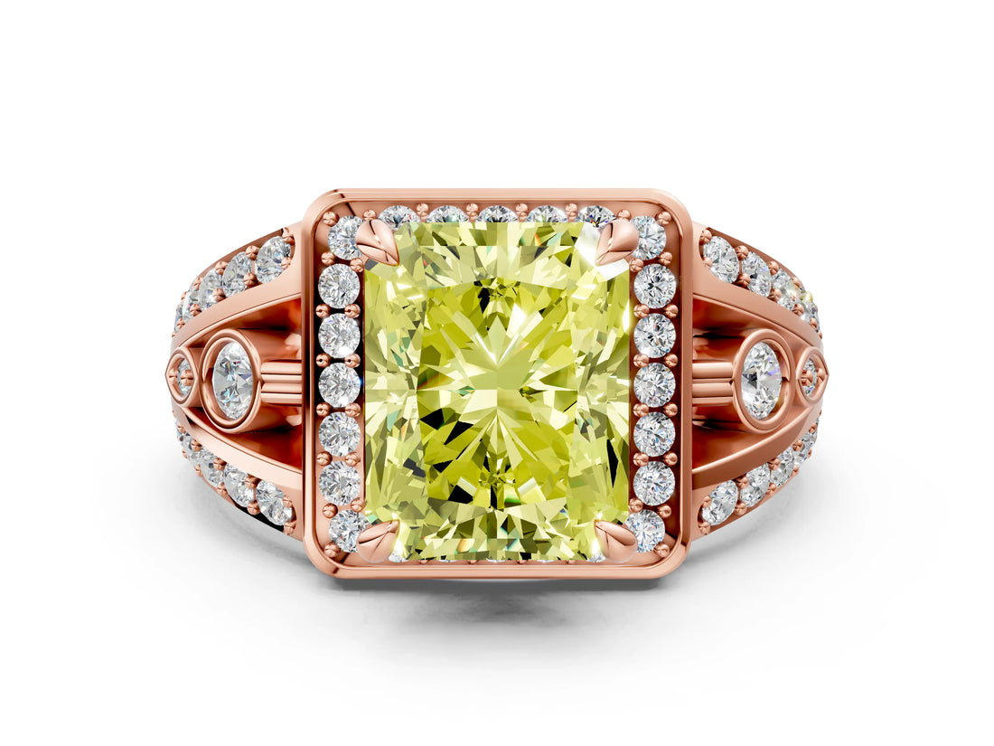 Rose gold Fancy Yellow Radiant Cut Diamond Halo Ring with Split Shank and Bezel Accents and Four-Prong Setting
