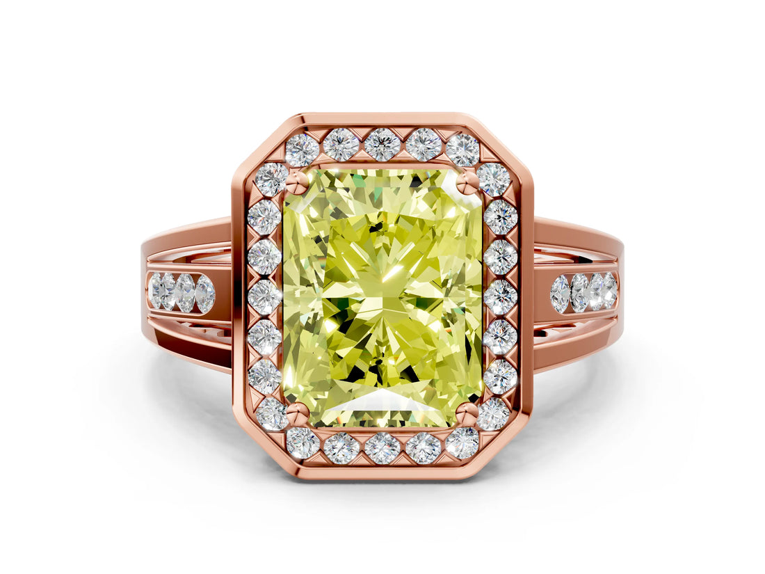 Rose gold Fancy Yellow Radiant Cut Diamond Halo Ring with Split Shank and Bezel Accents and Prong Setting