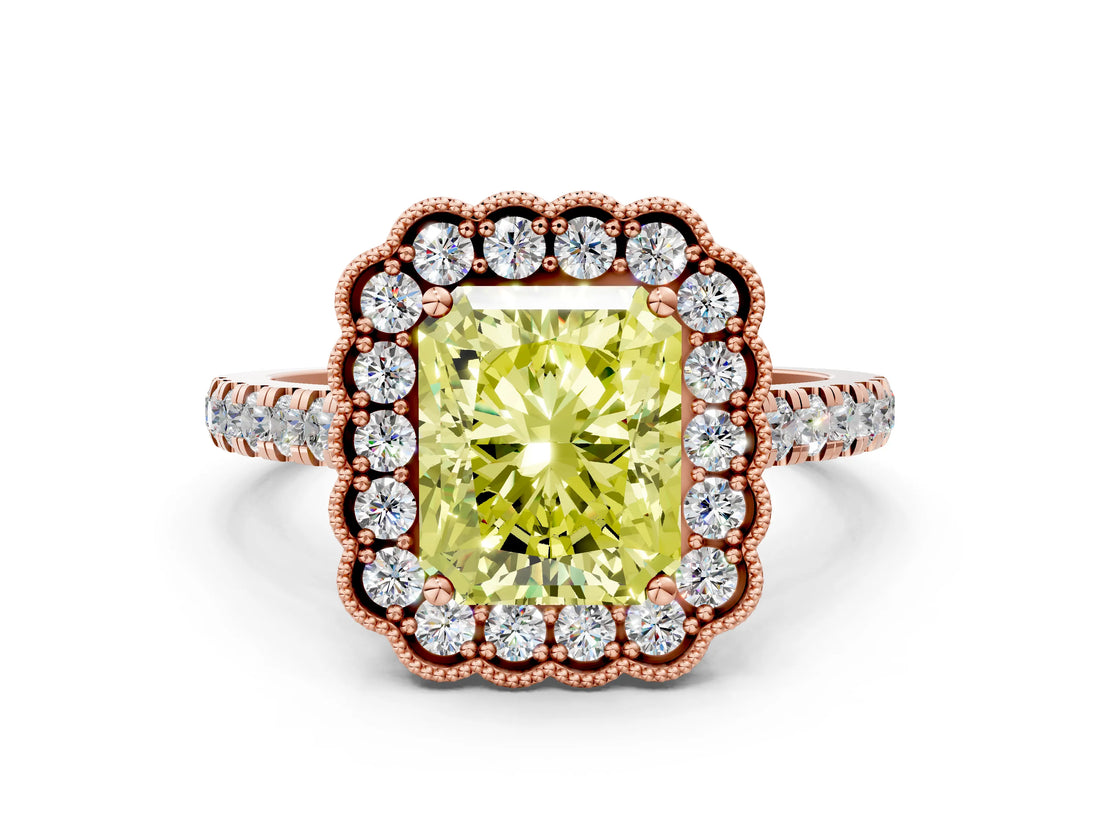 Rose gold Fancy Yellow Radiant  Cut Diamond Milgrain Floral Halo Engagement Ring with Pavé Band_15