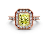 Rose gold Fancy Yellow Radiant Cut Diamond Milgrain Halo Engagement Ring with Round Pavé Band and Prong Setting_24