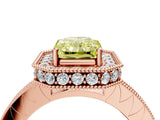 Rose gold Fancy Yellow Radiant Cut Diamond Milgrain Halo Engagement Ring with Round Pavé Band and Prong Setting_28