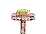 Rose gold Fancy Yellow Radiant Cut Diamond Milgrain Halo Engagement Ring with Round Pavé Band and Prong Setting_29