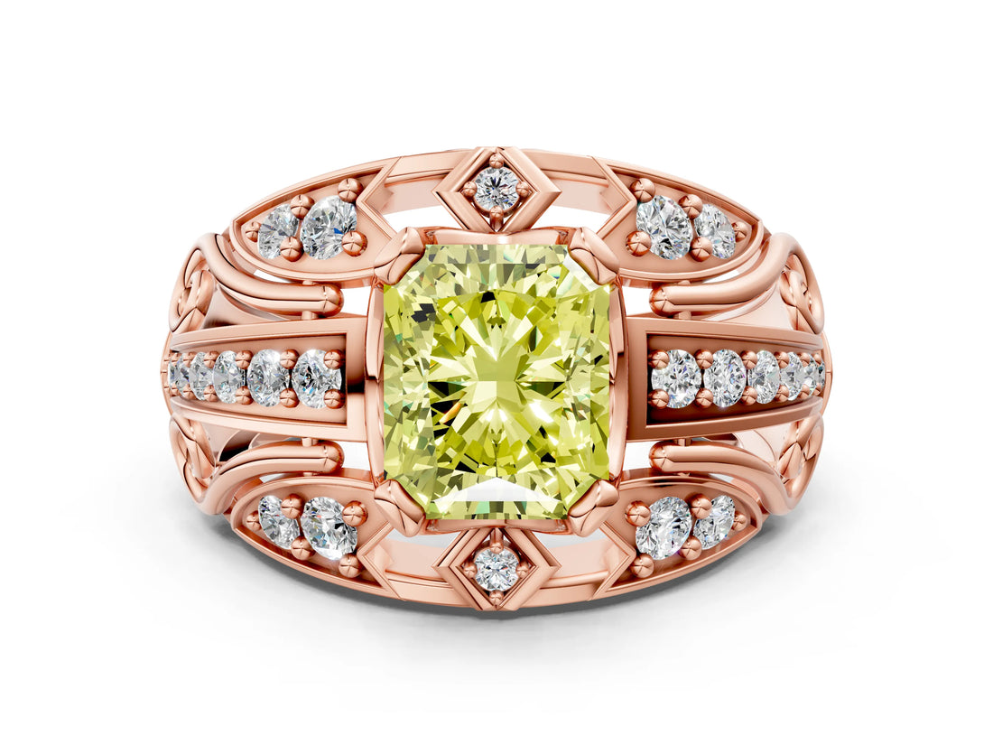 Rose gold Fancy Yellow Radiant Cut Diamond Pave Art Deco Split Shank Ring with Four-Prong Setting