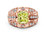 Rose gold Fancy Yellow Radiant Cut Diamond Pave Art Deco Split Shank Ring with Four-Prong Setting